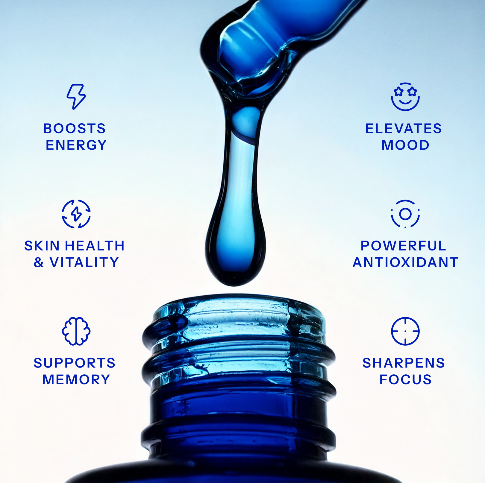 Blue dropper bottle with a drop of blue liquid against a light blue background, featuring text about product benefits - methylene blue