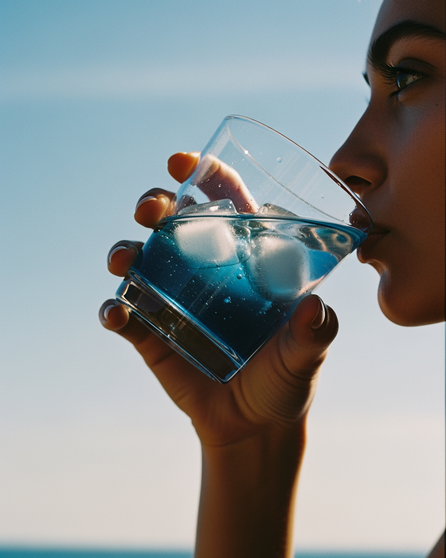 Person drinking from a glass of blue liquid methylene blue against a clear sky-USP Grade Methylene Blue