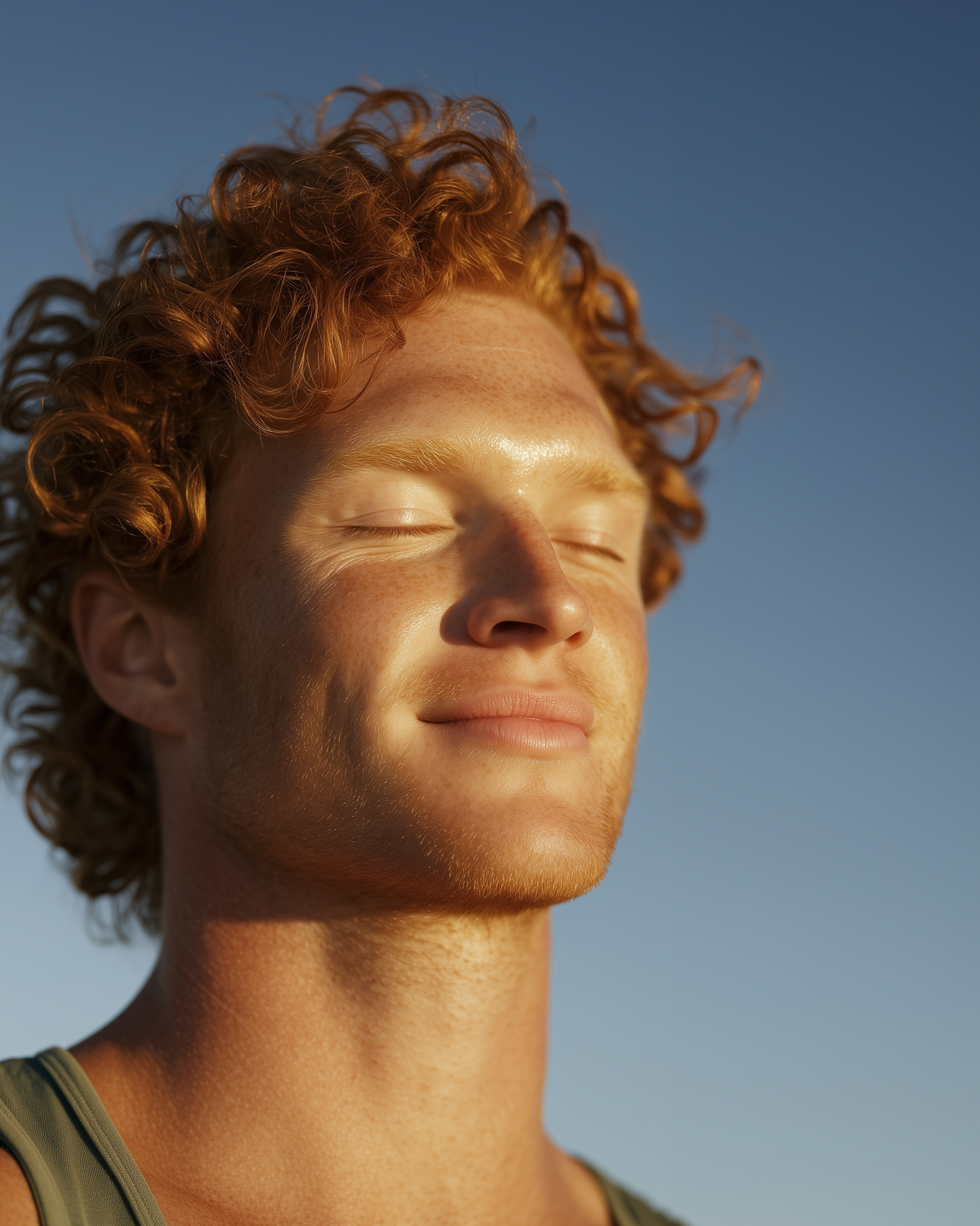 Man with closed eyes against a clear blue sky