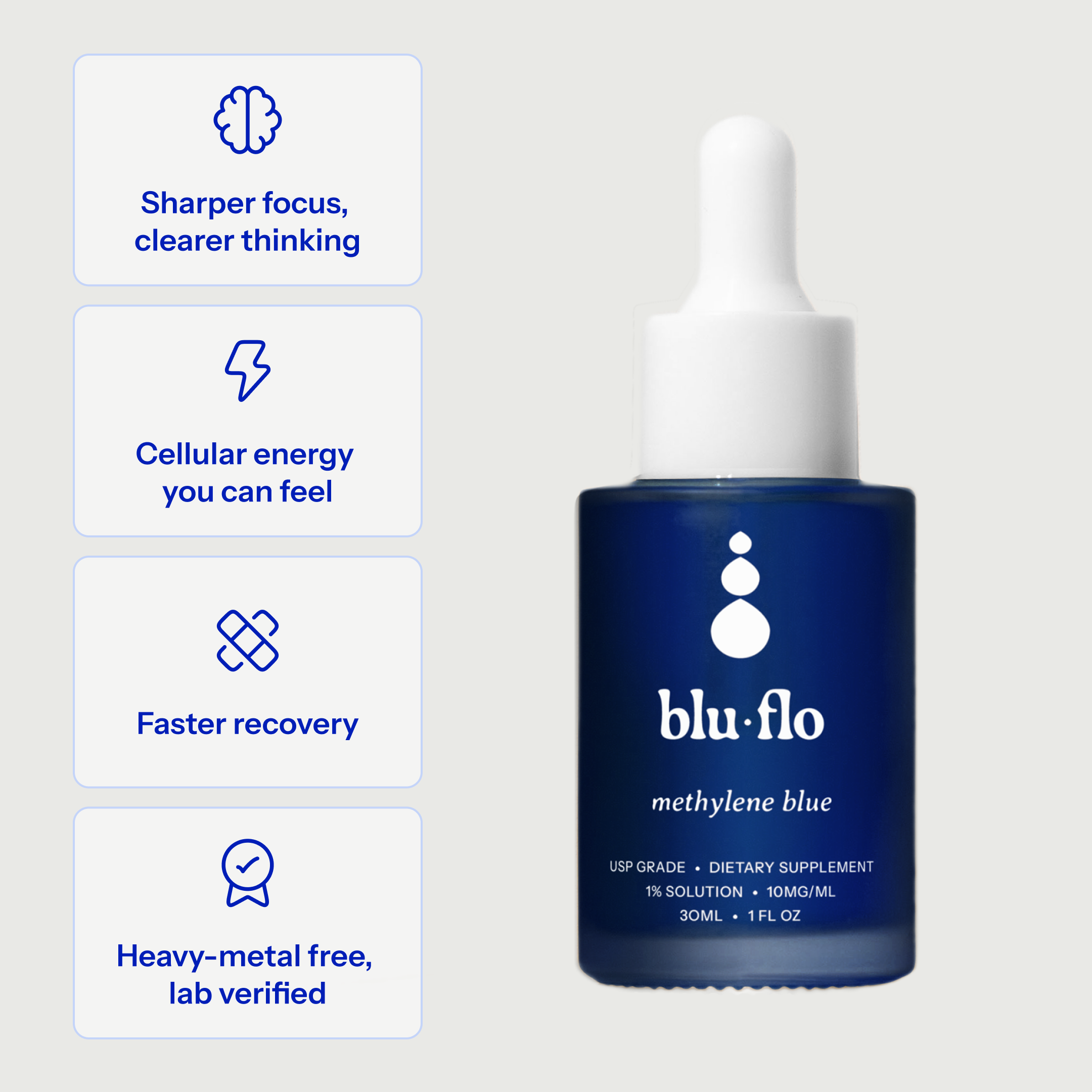 Blue dropper bottle of methylene blue with key benefits list - Blu Flo Methylene Blue USP-Grade Dietary supplement