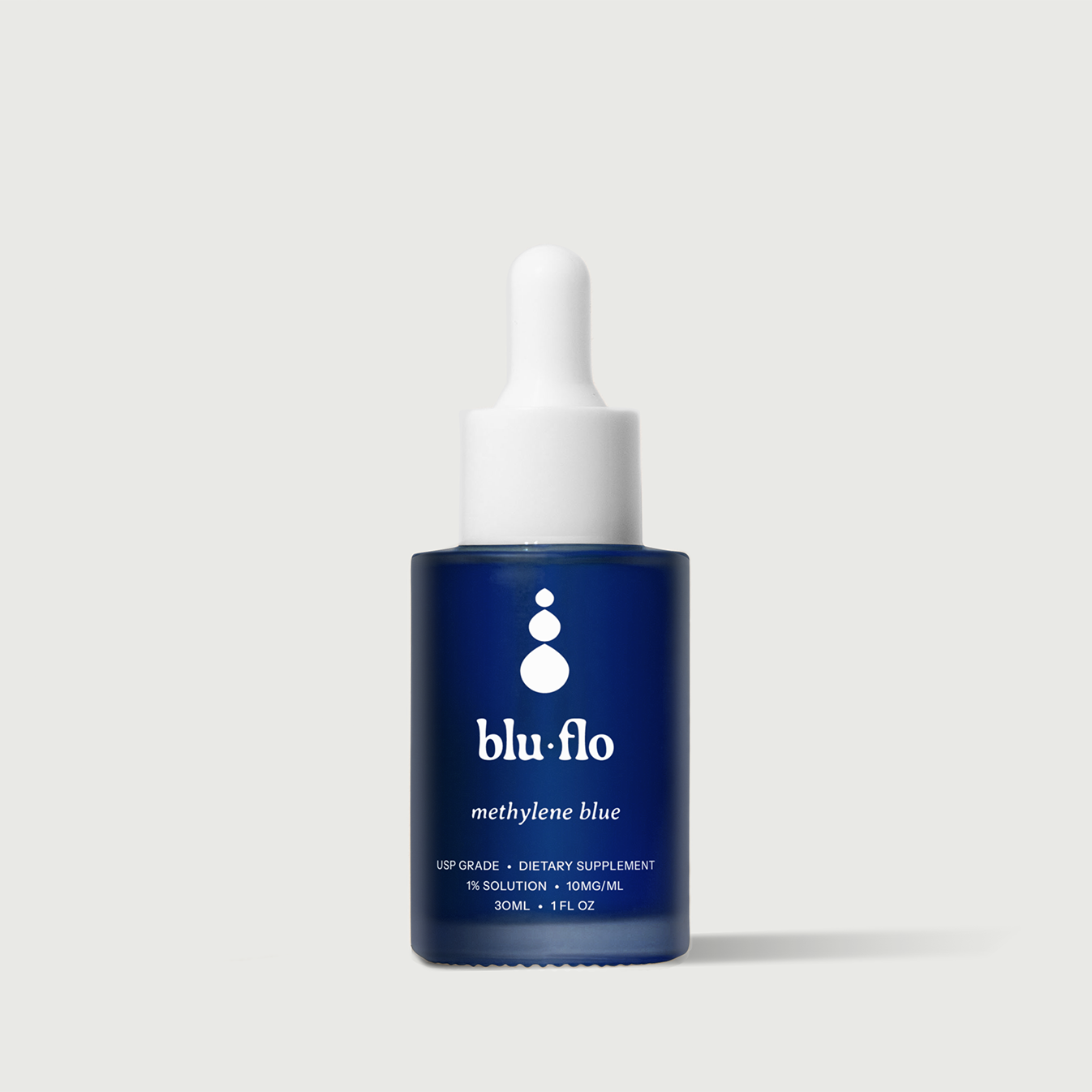 blu flo methylene blue 30ml dropper bottle. Label reads blue flo, methylene blue, USP grade, dietry supplement, 1% solution, 10mg/mL, 30ml, 1 fl oz