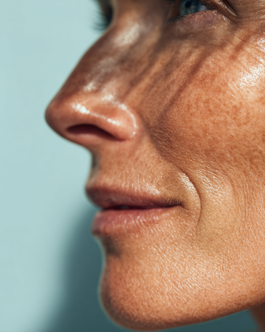 Close-up of a person's face with a light blue background