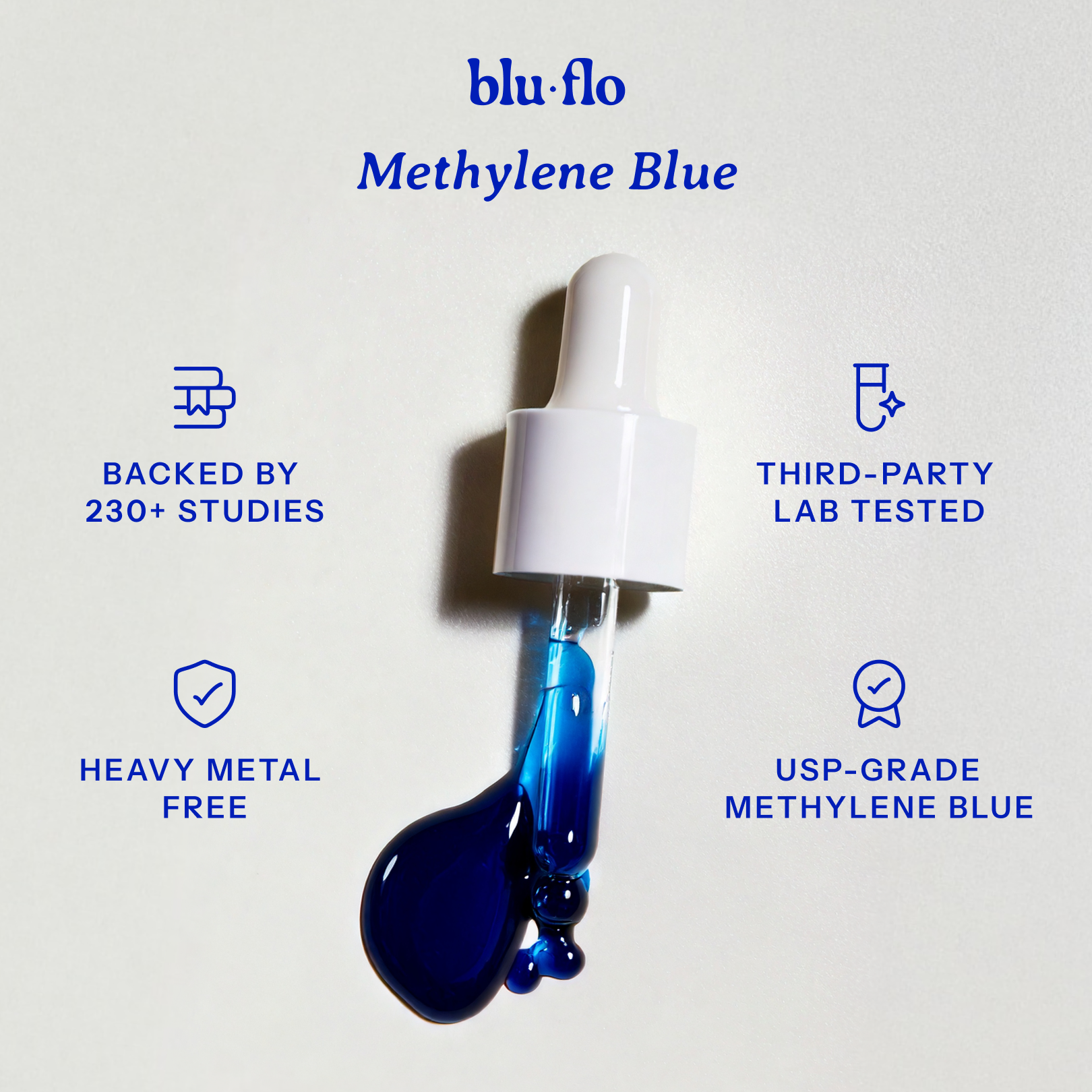 Blu-flo Methylene Blue dropper with certification icons on a white background - Methylene Blue Supplement