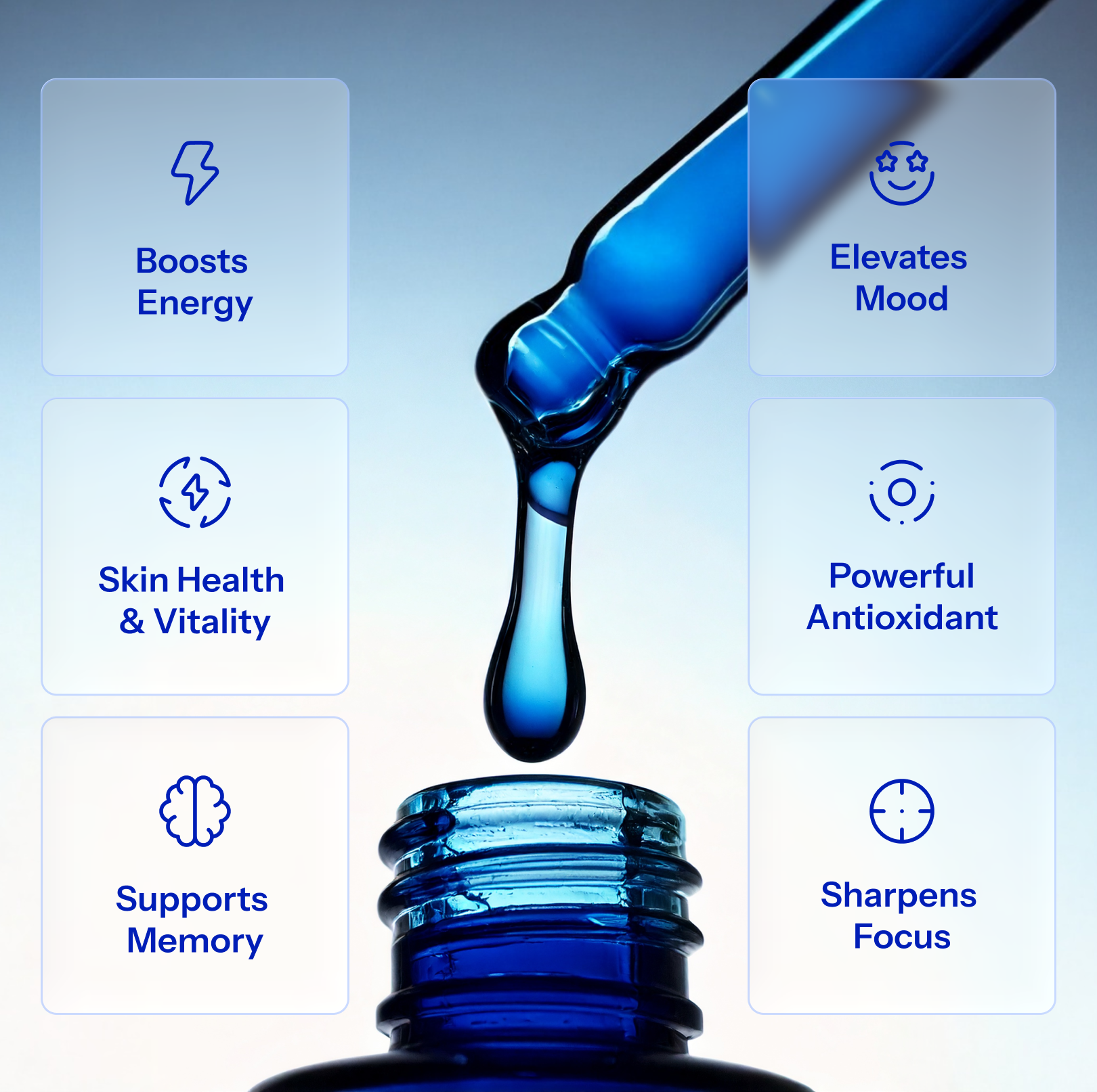 Blue dropper bottle with liquid methylene blue, surrounded by icons and text highlighting benefits like boosting energy and mood elevation.