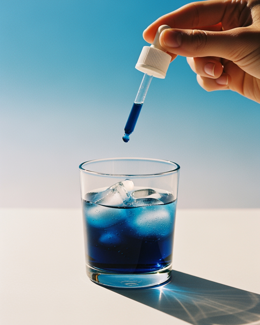 Hand dropping blue liquid methylene blue from a dropper into a glass with ice against a clear sky.- USP Grade Methylene Blue