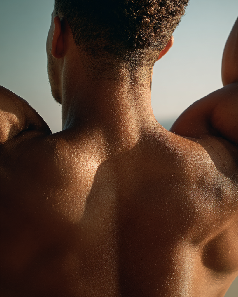 Back view of a person with a clear sky background