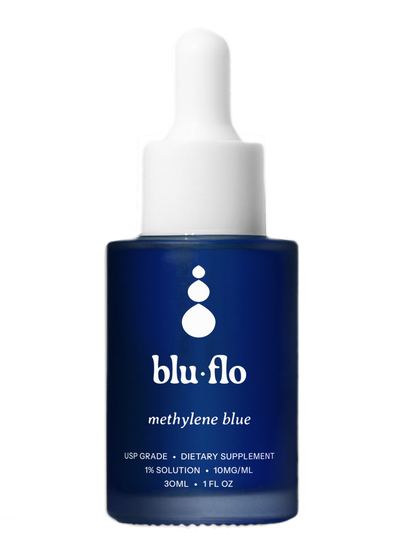 Blue dropper bottle of melthylene blue labeled 'blu-flo' on a white background